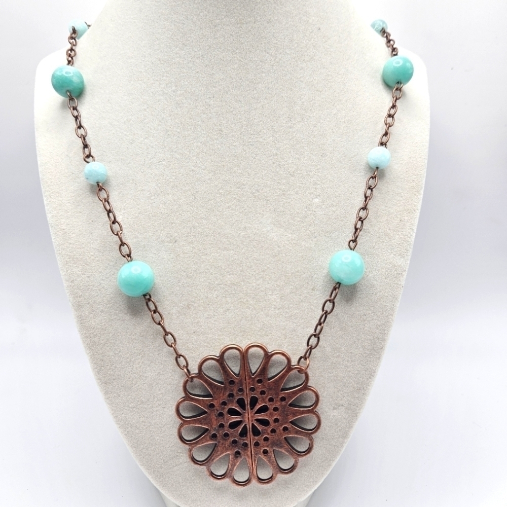 Handmade Copper Magnetic Flower and Jade Beaded Necklace Boho